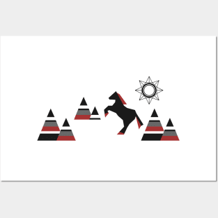 Black horse with red mane jumping in the mountains Posters and Art